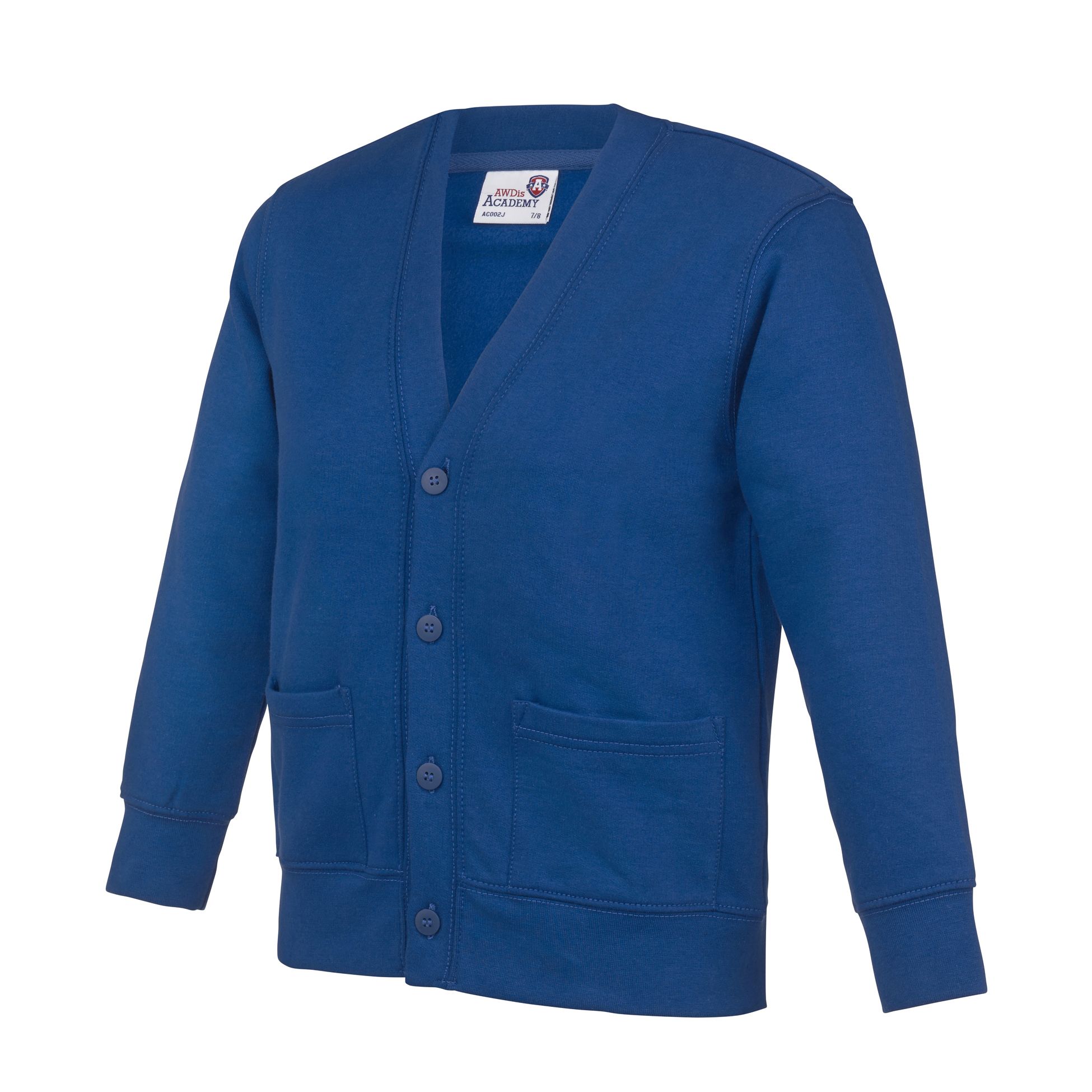 blue school cardigan with pockets